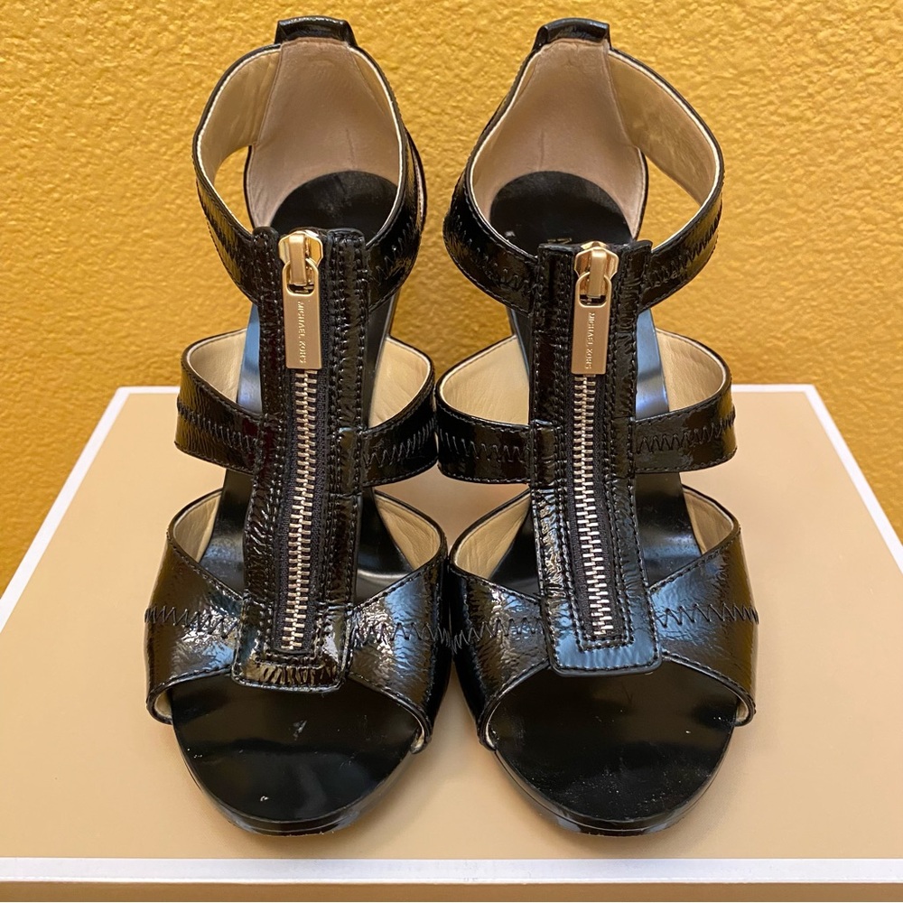 Michael Kors Berkeley T Strap Patent Black Leather Heels